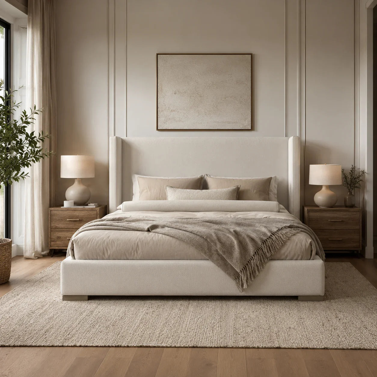 Luxury upholstered bed with neutral bedding, wooden nightstands, and modern bedside lamps in a serene bedroom