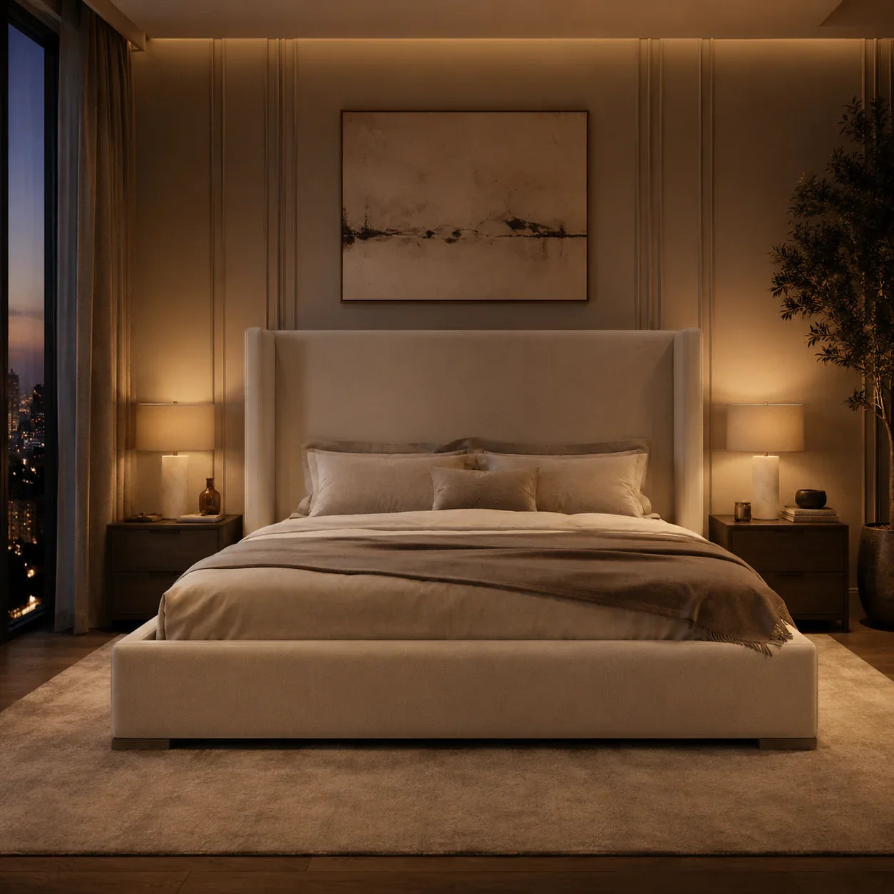 Luxury upholstered bed with wingback headboard in modern bedroom, warm ambient lighting, city view