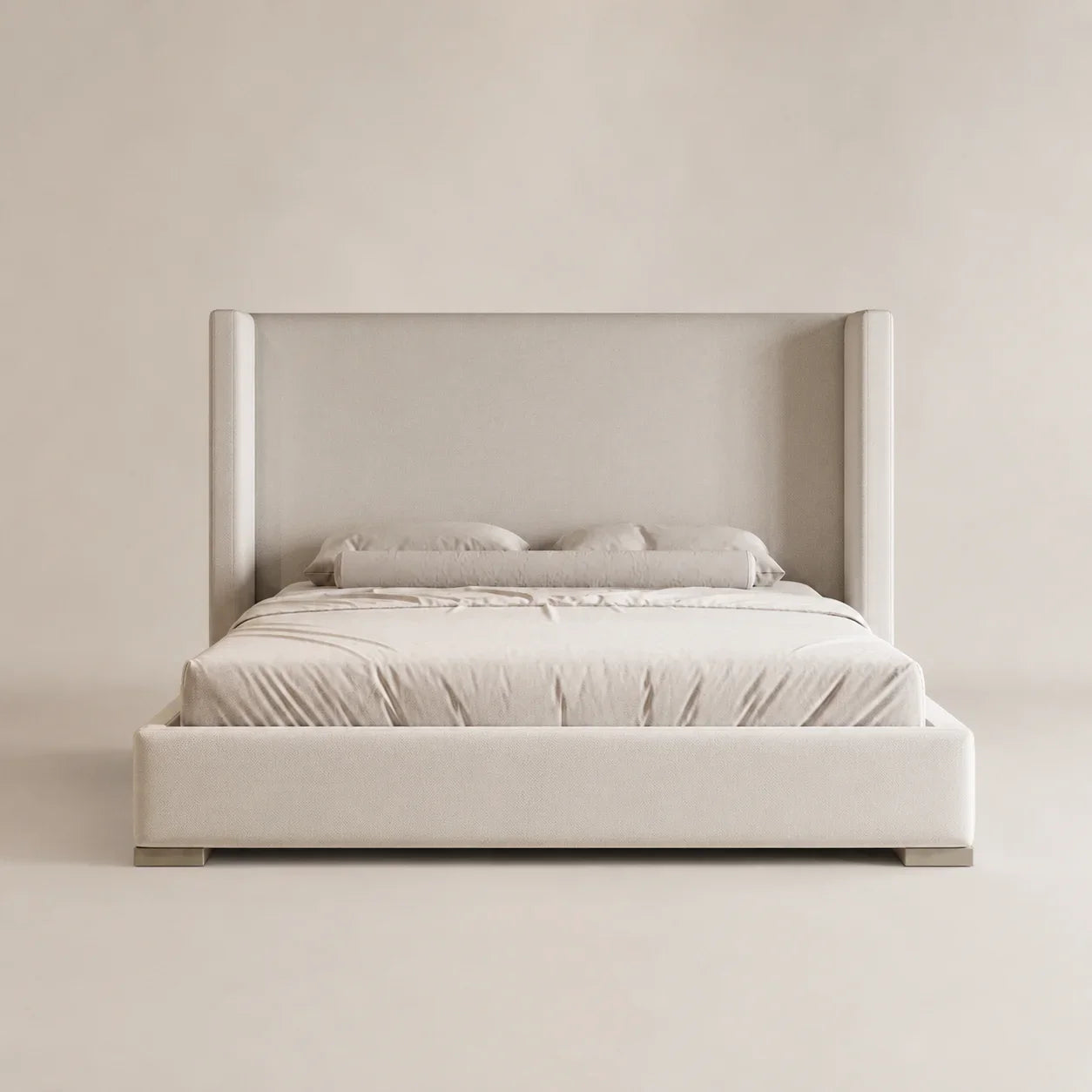 Luxury upholstered bed with wingback headboard, neutral tones, modern bedroom furniture