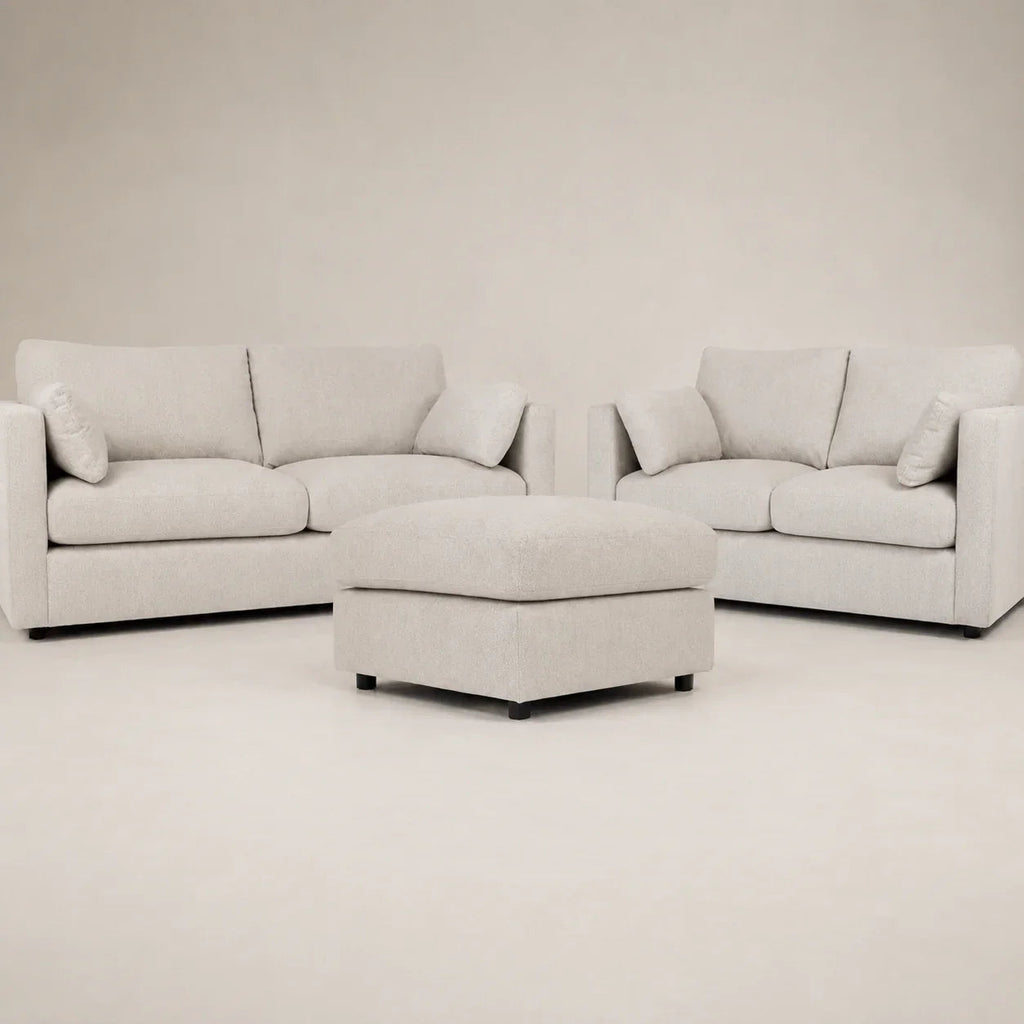 Luxury beige sofa set with matching ottoman, modern living room furniture
