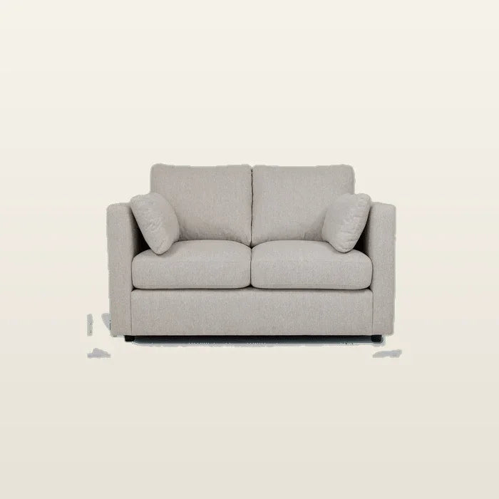 Light gray two-seater sofa with plush cushions, modern design for living room comfort