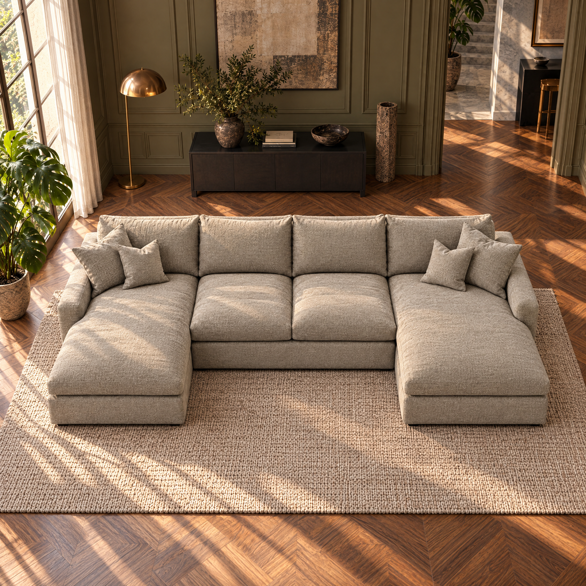 Valenza Grand Double Chaise Sofa in Summer Beach — elevated lifestyle view showing seat layout