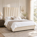 Luxury beige upholstered bed with tufted headboard in modern bedroom, white bedding and natural light