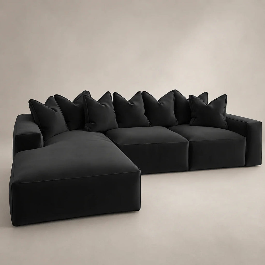 Black modular sectional sofa with plush cushions, modern luxury living room furniture