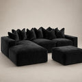 Luxury black velvet sectional sofa with chaise and ottoman, modern modular design for living room