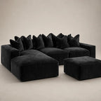 Luxury black velvet sectional sofa with chaise and ottoman, modern modular design for living room