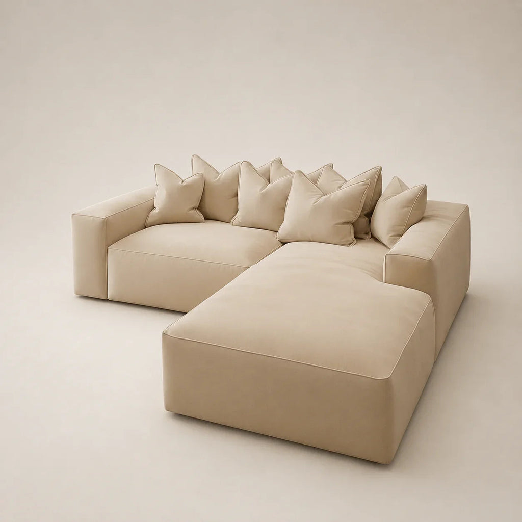 Luxury beige sectional sofa with plush cushions, modern design for living room comfort