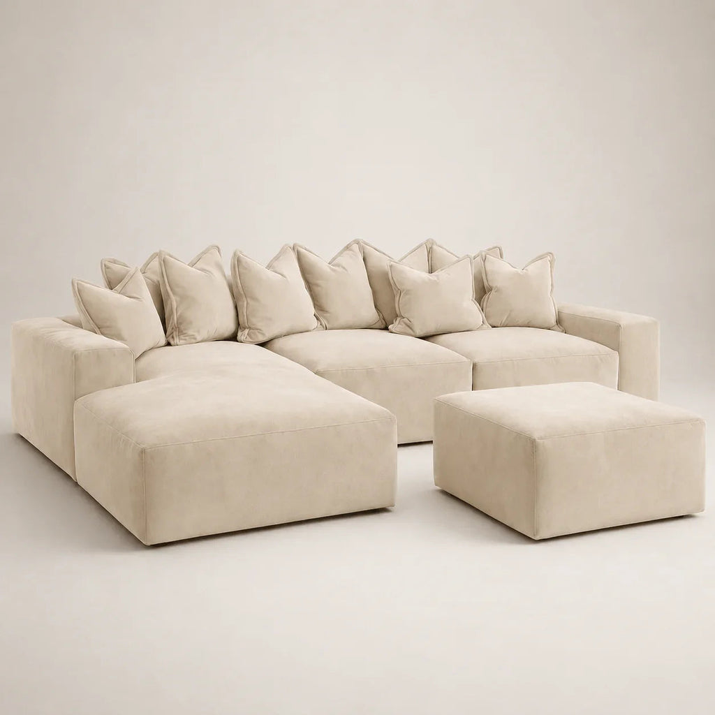 Beige sectional sofa with chaise and ottoman, luxury modular design for modern living rooms