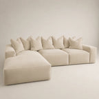 Beige L-shaped sectional sofa with plush cushions, modern luxury living room furniture