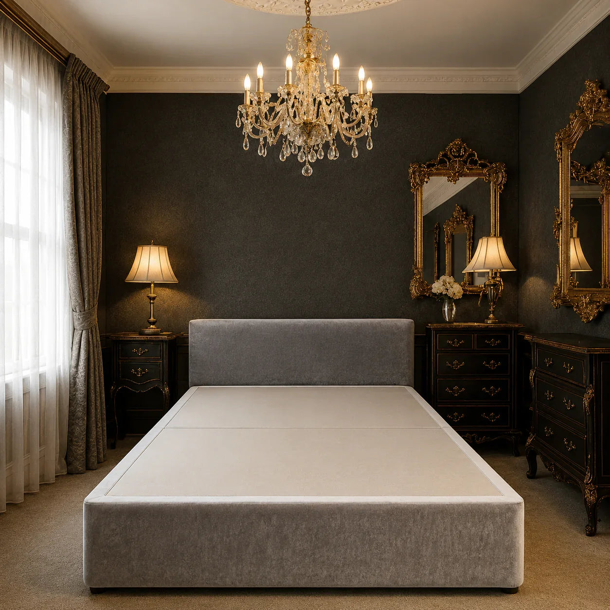 Luxury grey upholstered bed frame in elegant bedroom with chandelier and dark walls