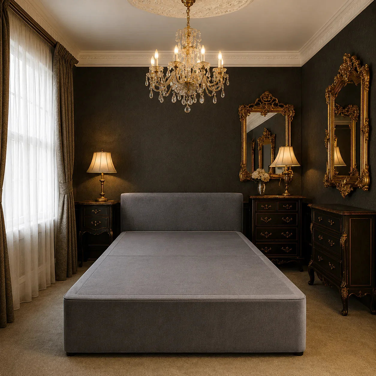 Luxury grey upholstered bed frame in elegant bedroom with chandelier and ornate mirrors