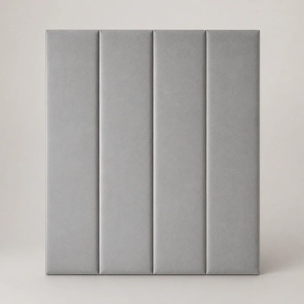 Grey upholstered headboard with four vertical panels, modern bedroom furniture