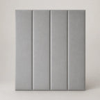 Grey upholstered headboard with four vertical panels, modern bedroom furniture