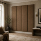Luxury brown upholstered headboard panels in modern living room with sofa and natural light