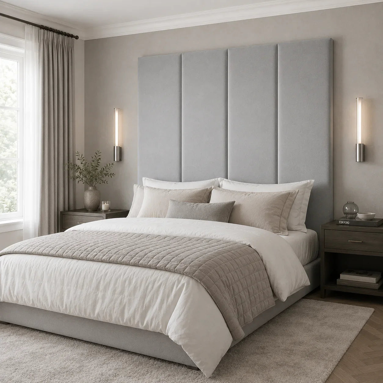 Luxury upholstered bed with tall panel headboard, neutral bedding, and modern bedside lamps in a serene bedroom.