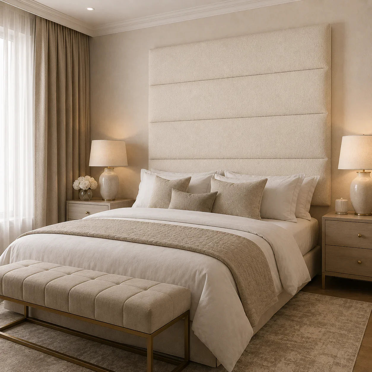 Luxury upholstered bed with tufted headboard, neutral bedding, and matching bedside tables in a serene bedroom.