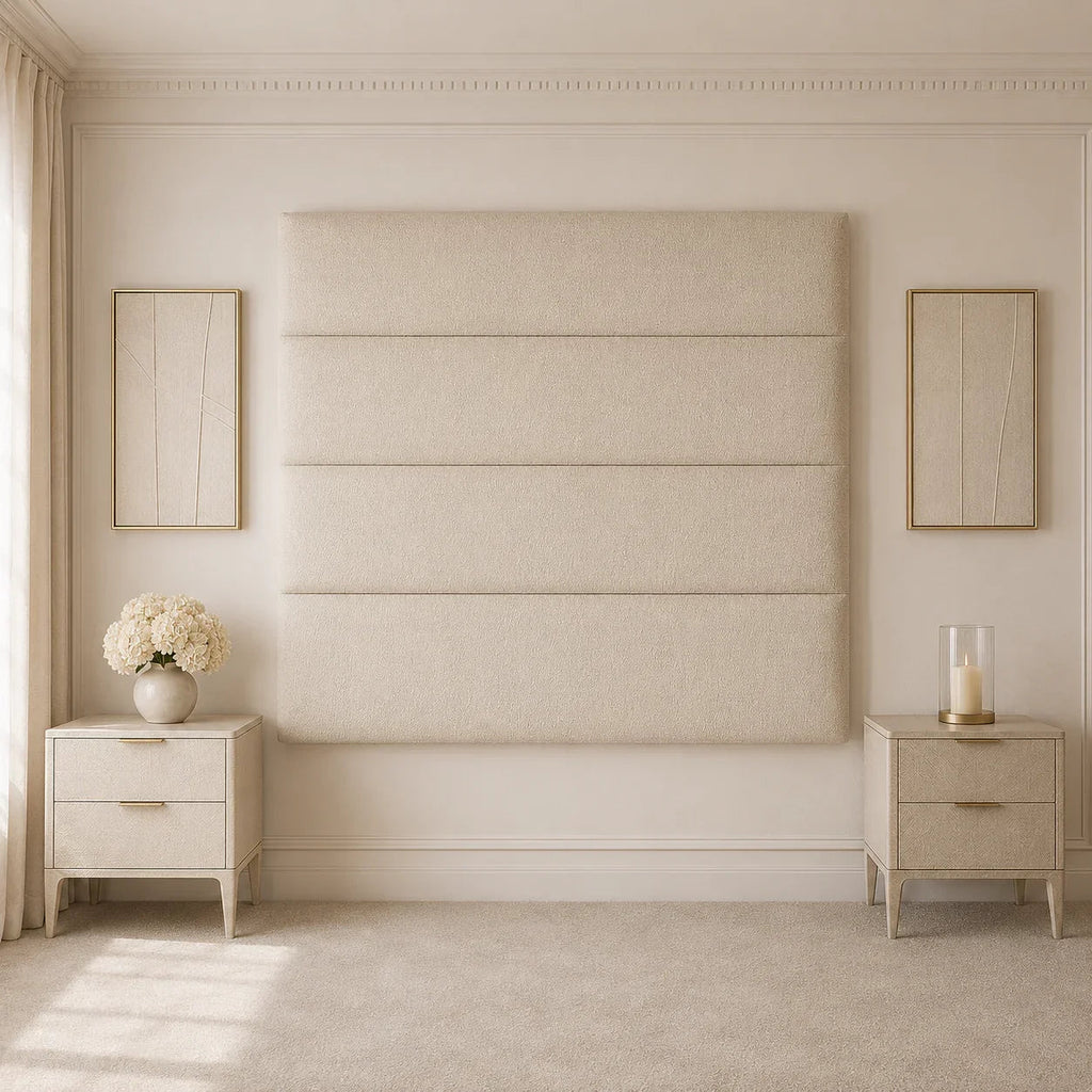 Luxury beige upholstered headboard with matching nightstands in elegant bedroom setting
