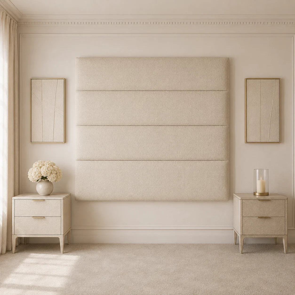 Luxury beige upholstered headboard with matching nightstands in elegant bedroom setting