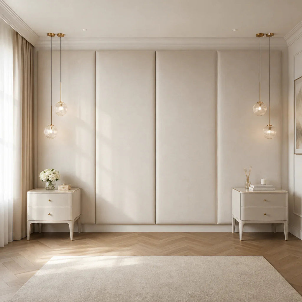 Luxury bedroom with beige upholstered headboard, matching nightstands, pendant lights, and herringbone wood floor