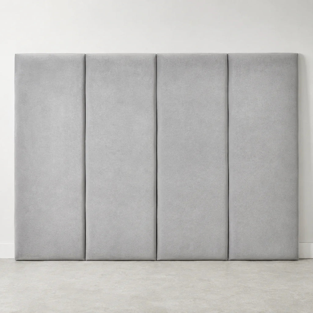 Modern grey upholstered headboard with four panel design for luxury bedroom furniture