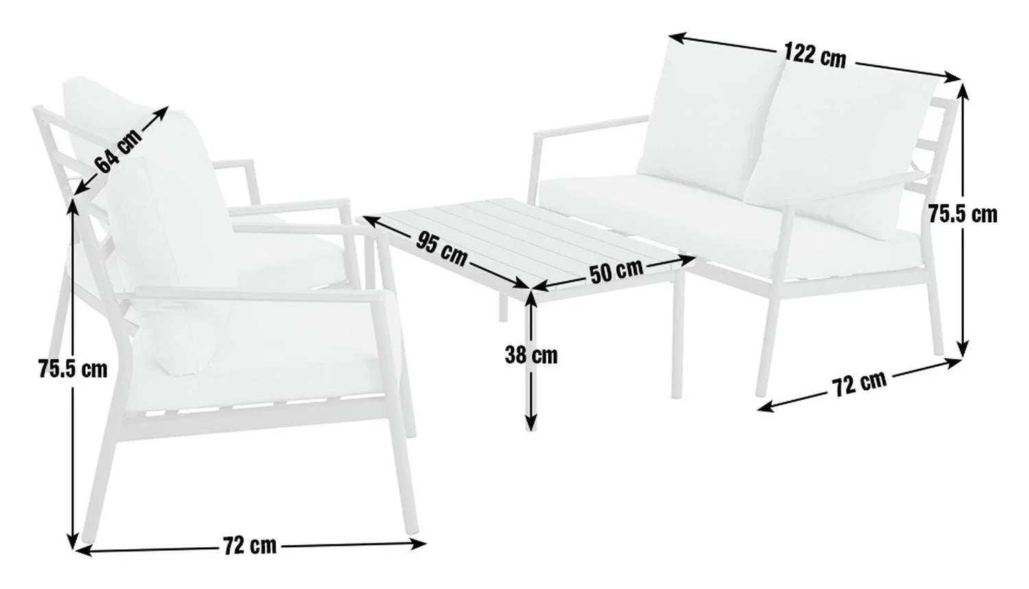 White outdoor sofa set with armchair, coffee table, and dimensions for patio furniture
