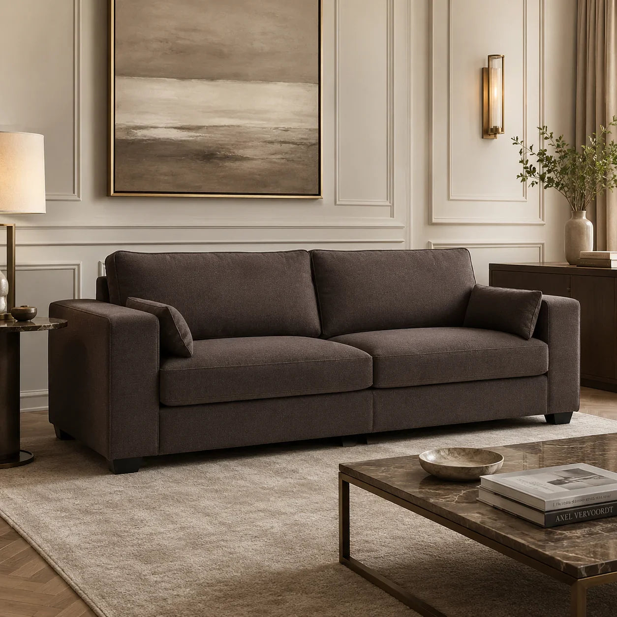 Luxury brown fabric sofa in elegant living room with modern decor and ambient lighting