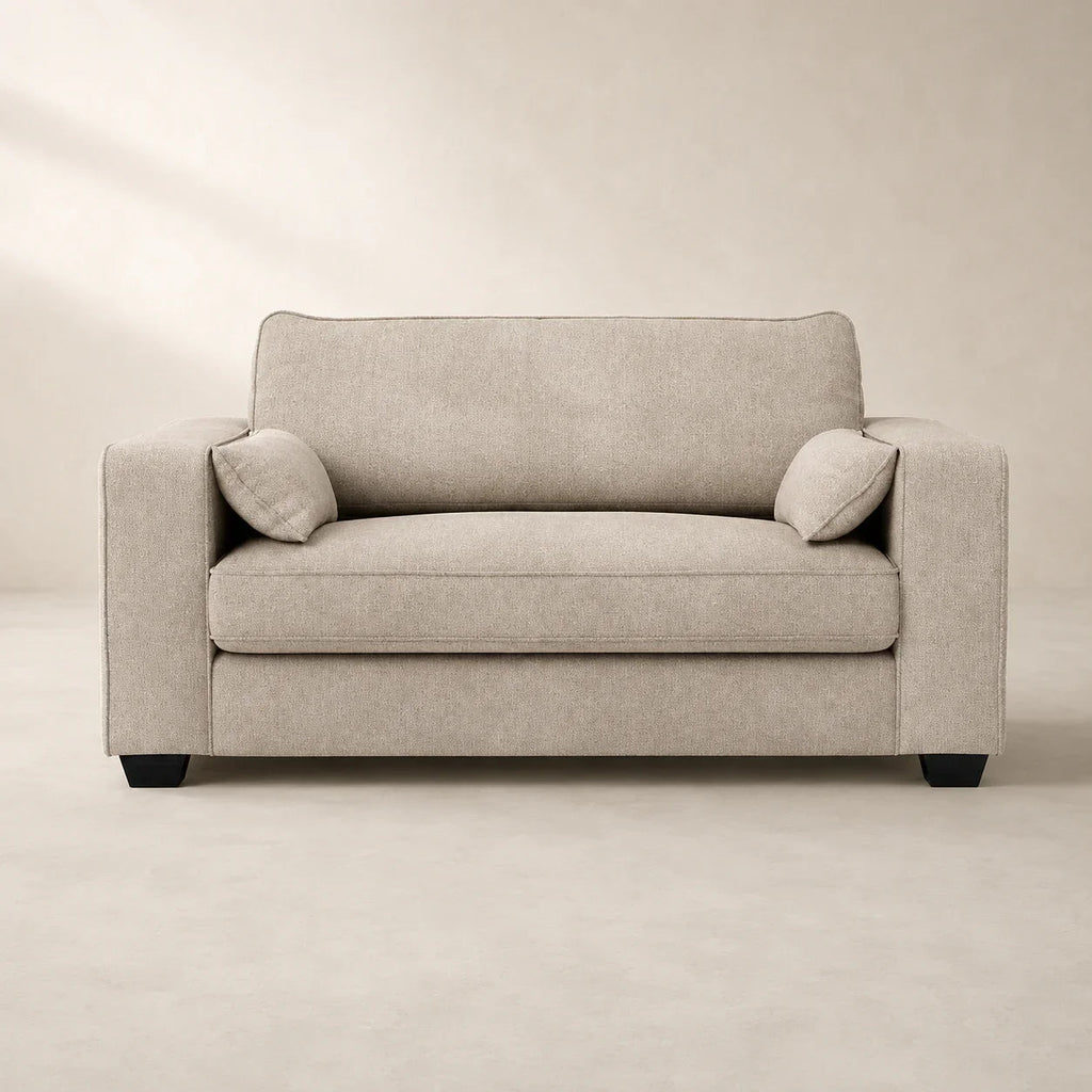 Beige fabric sofa with matching cushions, modern design for living room comfort