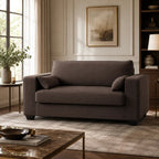 Luxury brown fabric sofa with plush cushions in modern living room, perfect for cozy seating and stylish home decor