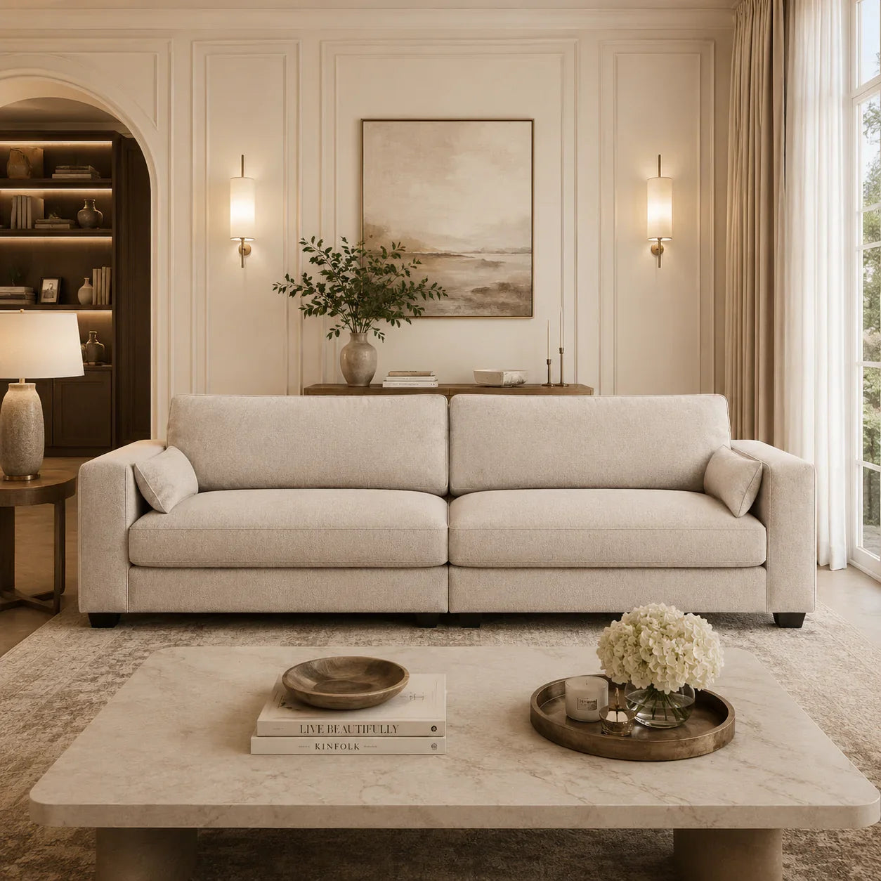 Luxury beige sofa in elegant living room with marble coffee table and warm lighting