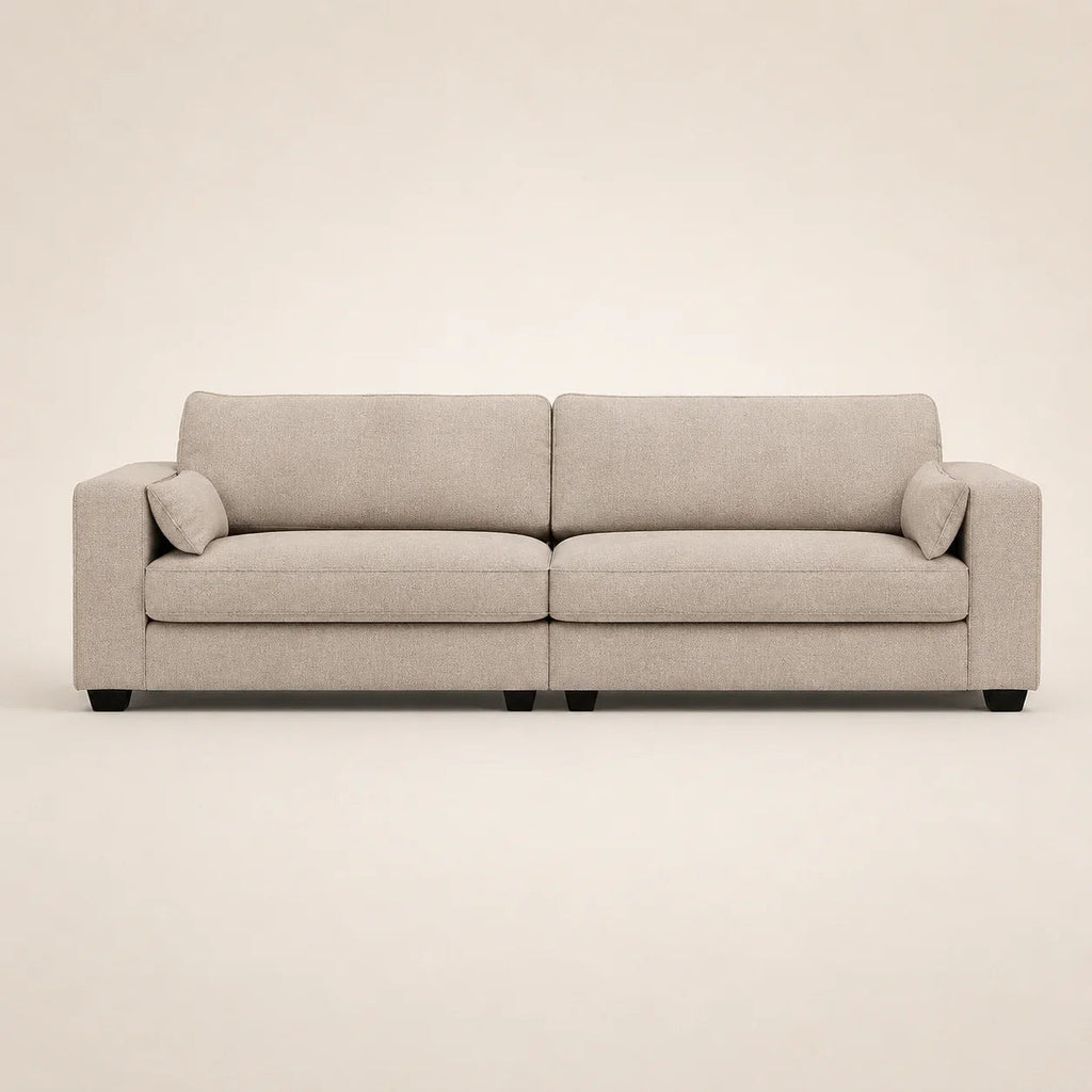 Beige fabric sofa with two cushions and dark legs, modern luxury living room furniture