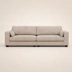 Beige fabric sofa with two cushions and dark legs, modern luxury living room furniture