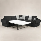 Black sectional sofa with pull-out bed and plaid pillows, luxury living room furniture
