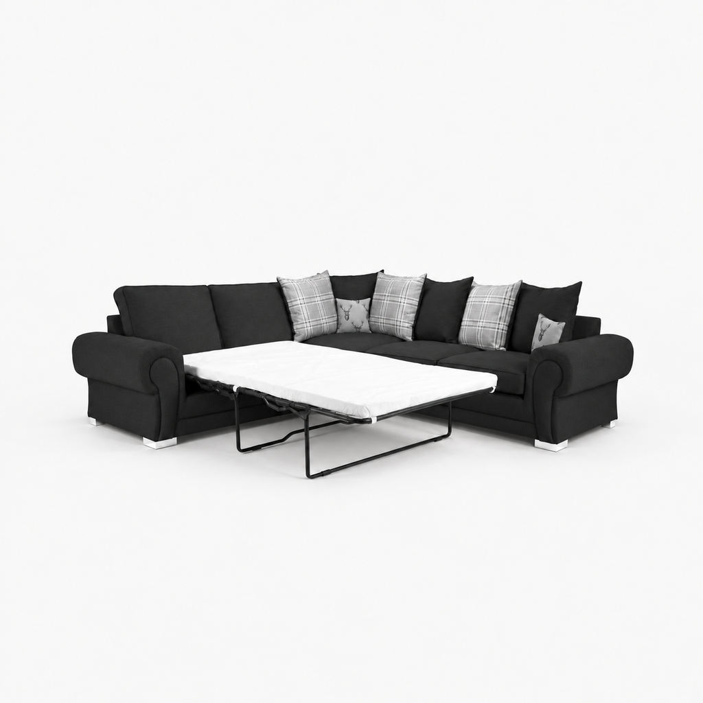 Verno Scatterback Corner Sofa with Bed in Midnight Noir on a cold light grey background