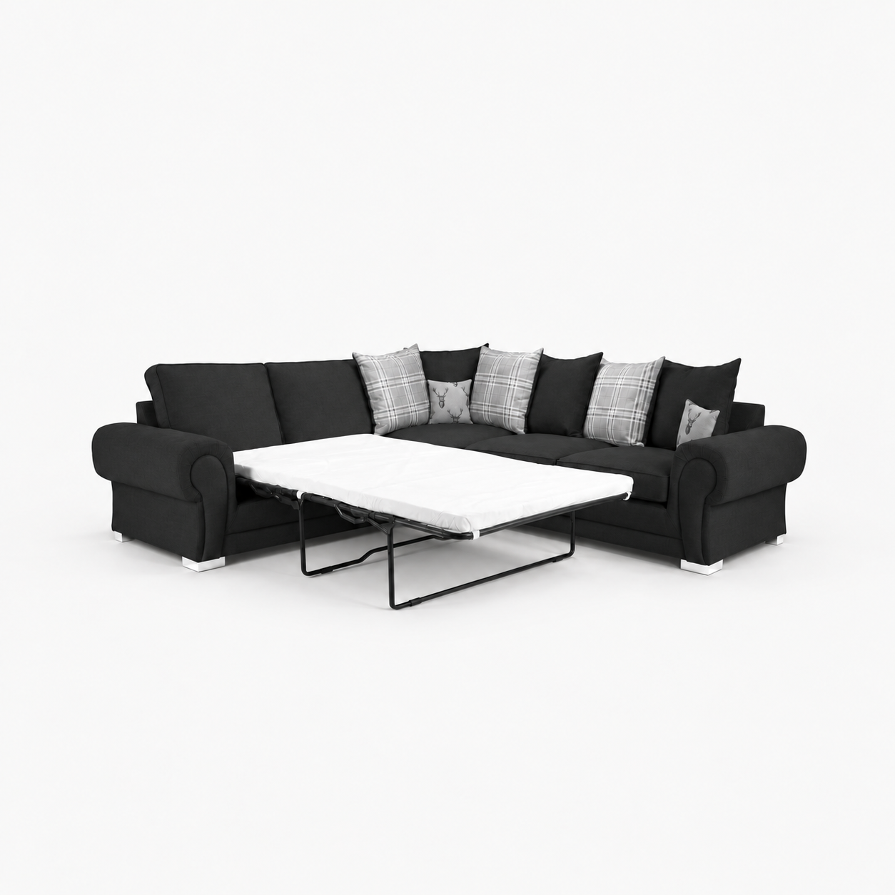 Verno Scatterback Corner Sofa with Bed in Midnight Noir on a cold light grey background