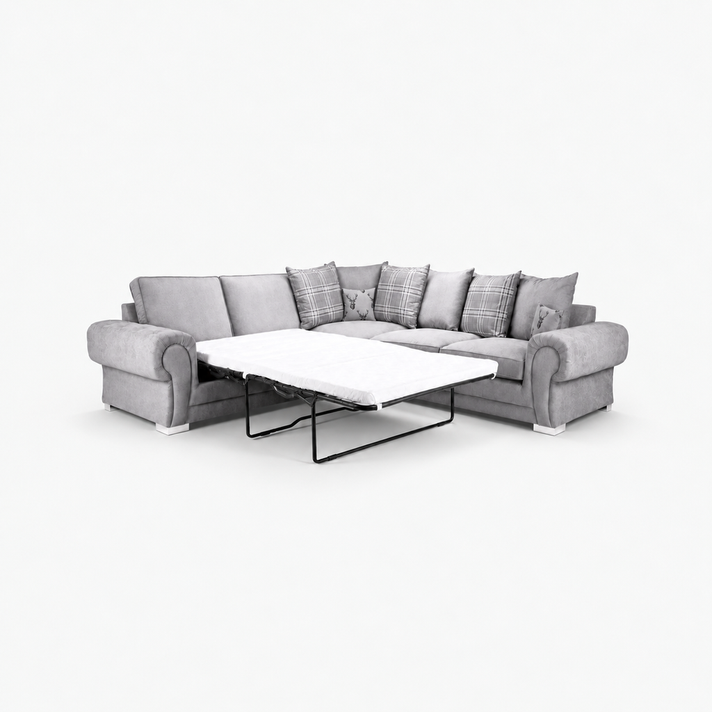 Verno Scatterback Corner Sofa with Bed in Smoked Steel on a cold light grey background