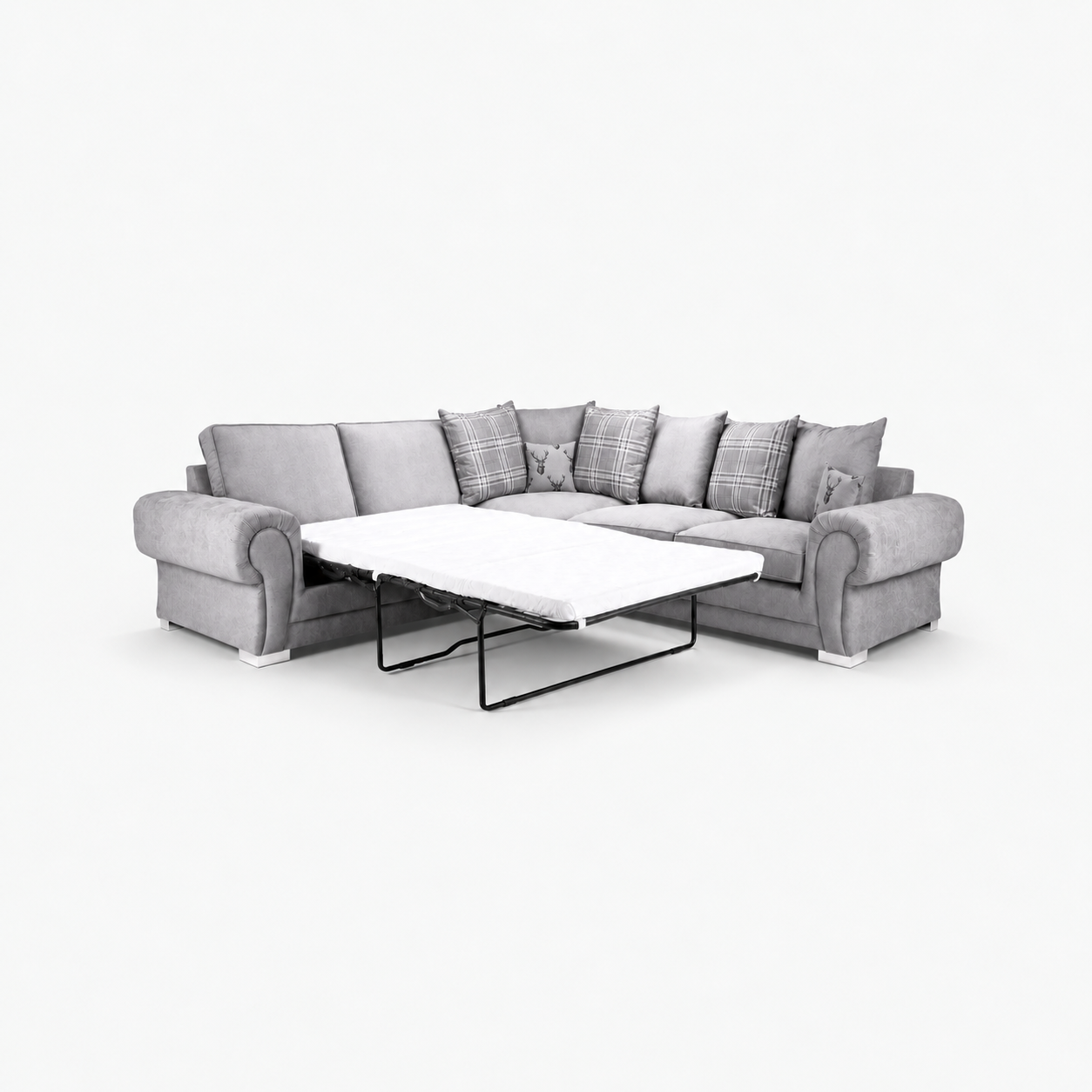 Verno Scatterback Corner Sofa with Bed in Smoked Steel on a cold light grey background