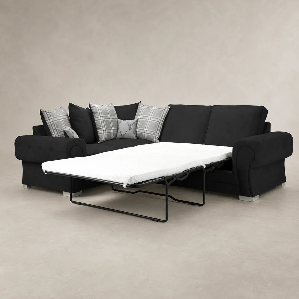 Black sofa bed with pull-out mattress, plaid cushions, luxury living room furniture