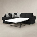 Black sofa bed with pull-out mattress, plaid cushions, luxury living room furniture