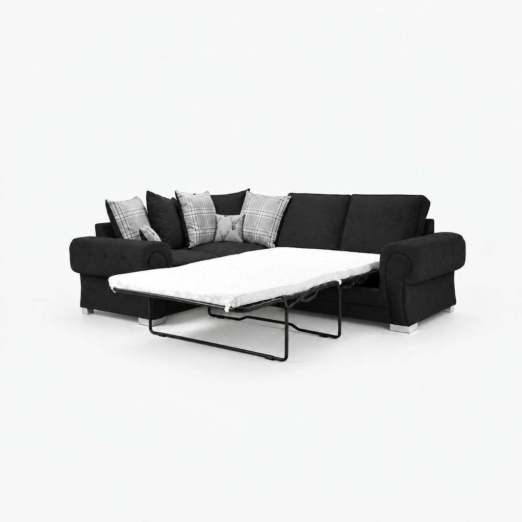 Verno Scatterback Right Facing Corner Sofa with Bed in Midnight Noir on a cold light grey background
