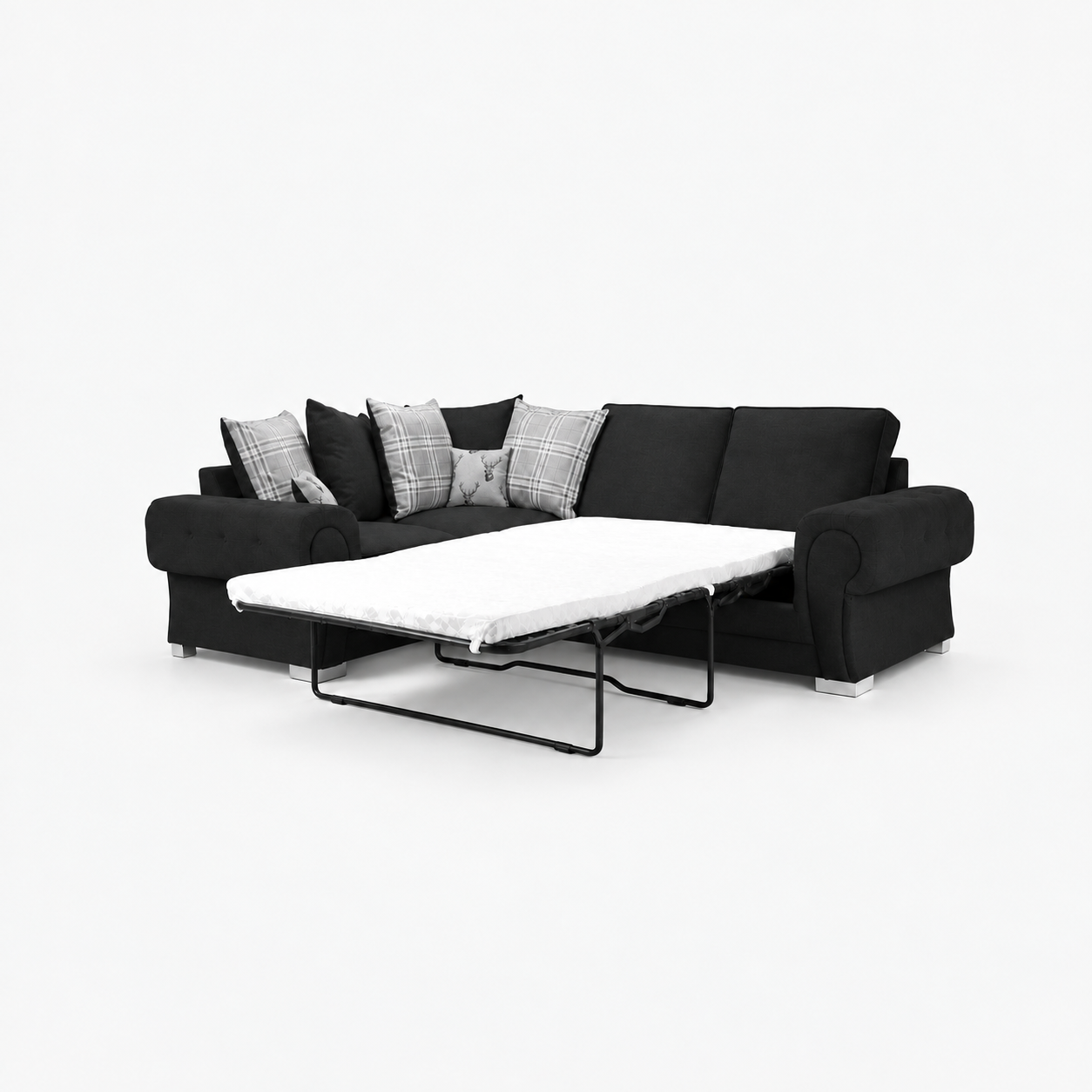 Verno Scatterback Right Facing Corner Sofa with Bed in Midnight Noir on a cold light grey background