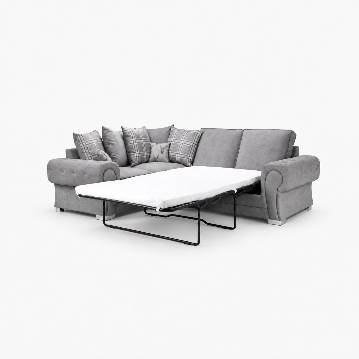 Verno Scatterback Right Facing Corner Sofa with Bed in Smoked Steel on a cold light grey background