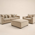 Beige luxury sofa set with matching armchair and ottoman, modern living room furniture