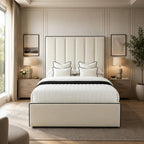 Luxury white upholstered bed with black trim, modern bedroom with nightstands and lamps