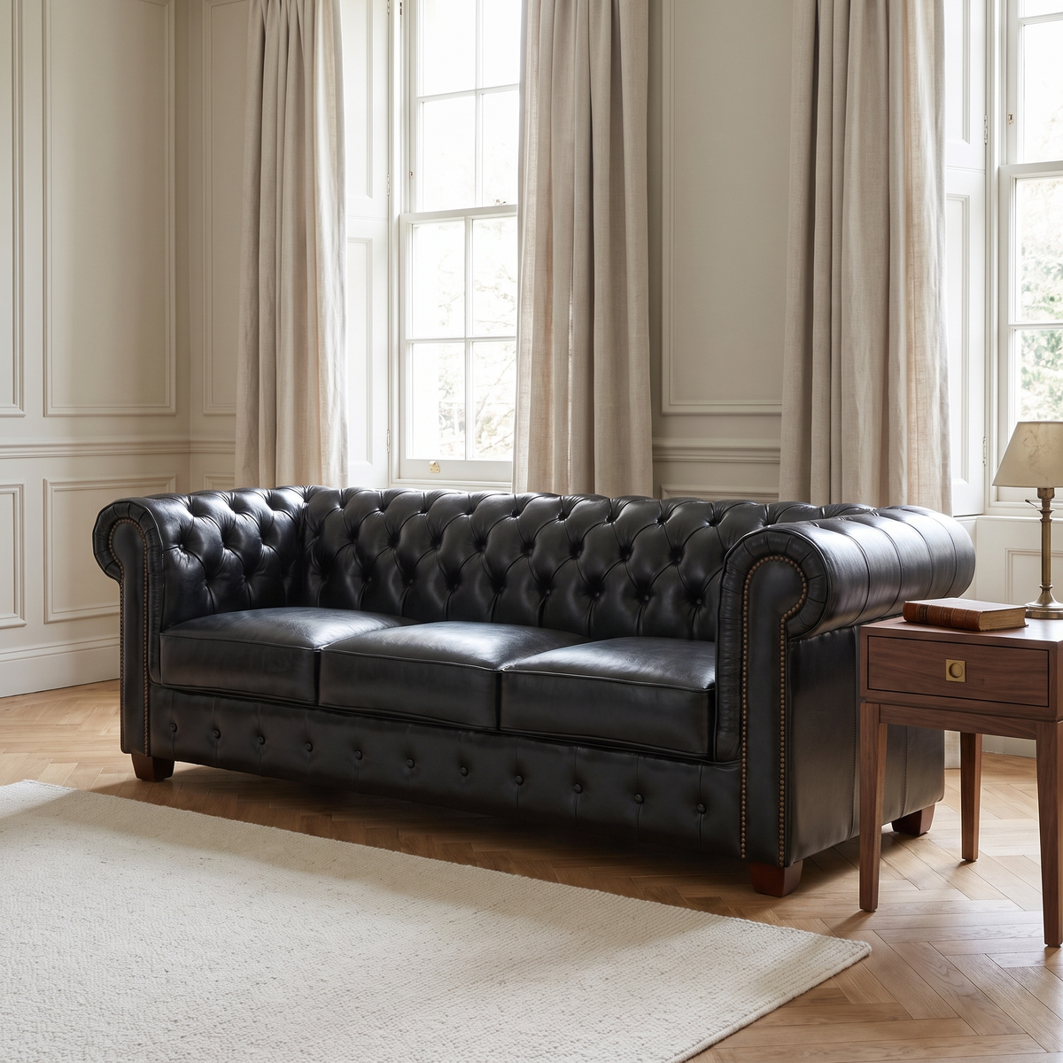 Windsor Leather 3 Seater - Black — lifestyle room hero
