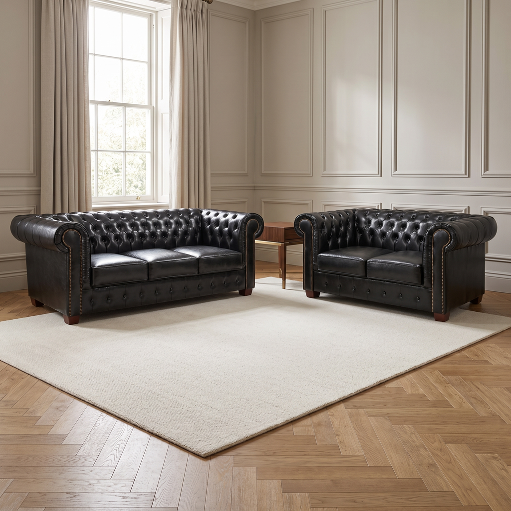 Windsor Leather Sofa Set - Black — lifestyle room hero