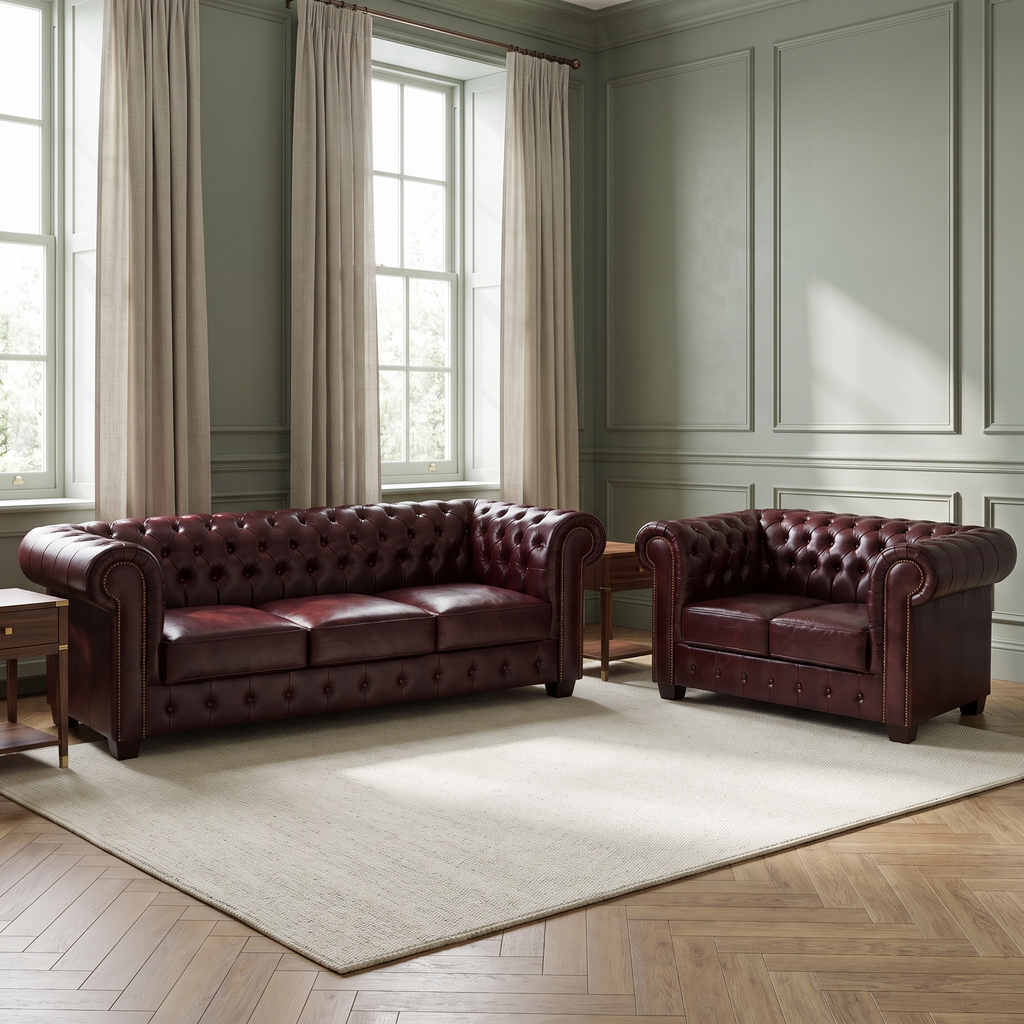 Windsor Leather Sofa Set - Oxblood — lifestyle room hero