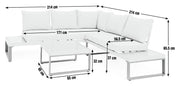 White L-shaped sectional sofa with dimensions, modern metal frame, matching coffee table for luxury living room