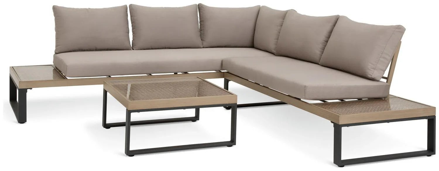 Modern outdoor sectional sofa with beige cushions and matching coffee tables, perfect for luxury patio furniture.